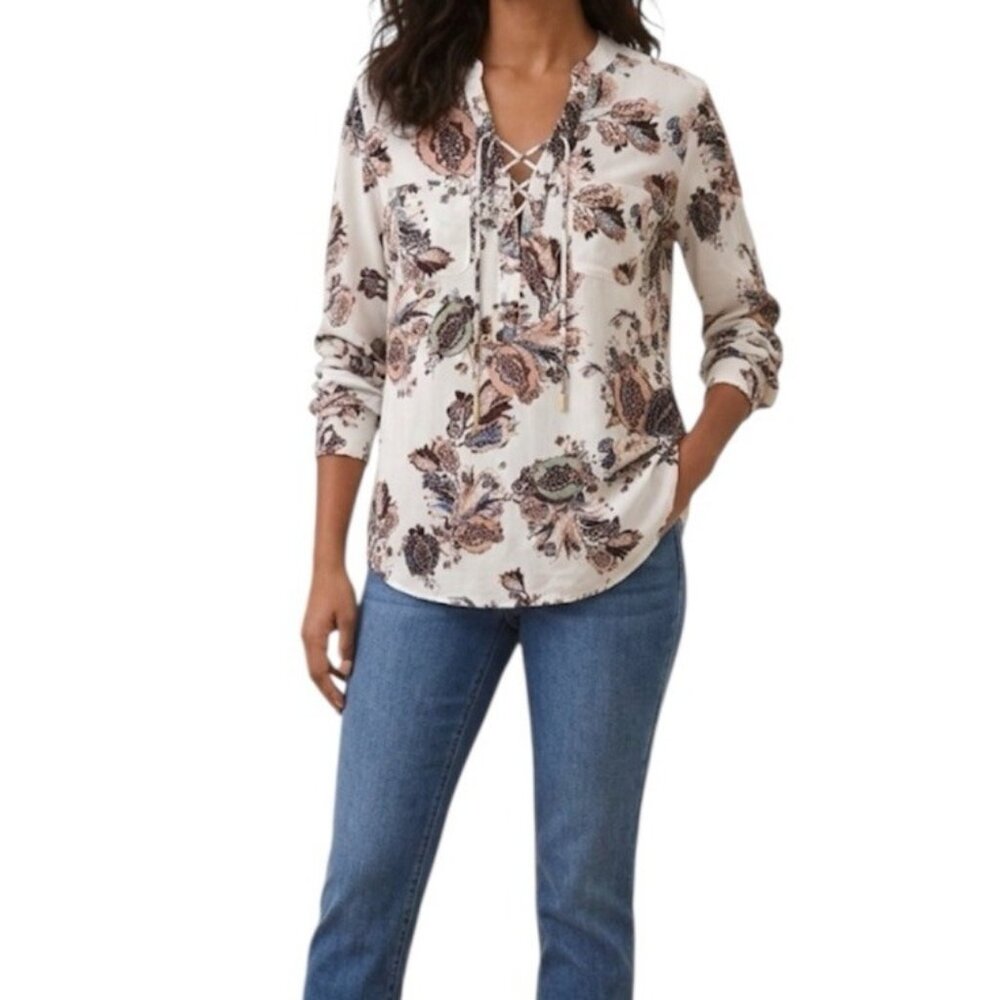 Chico's Multicolor Floral Print Front Lace Tie Boho Peasant Western Top Size 1